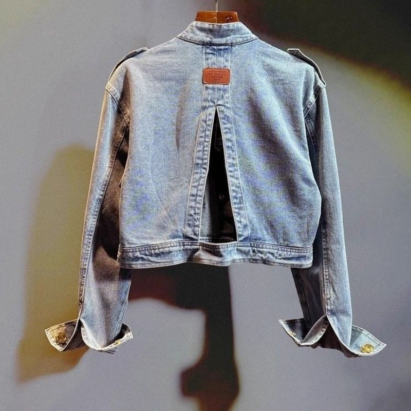 Patchwork Jean Jacket - Blouse Jacket Women's Autumn Retro Cropped