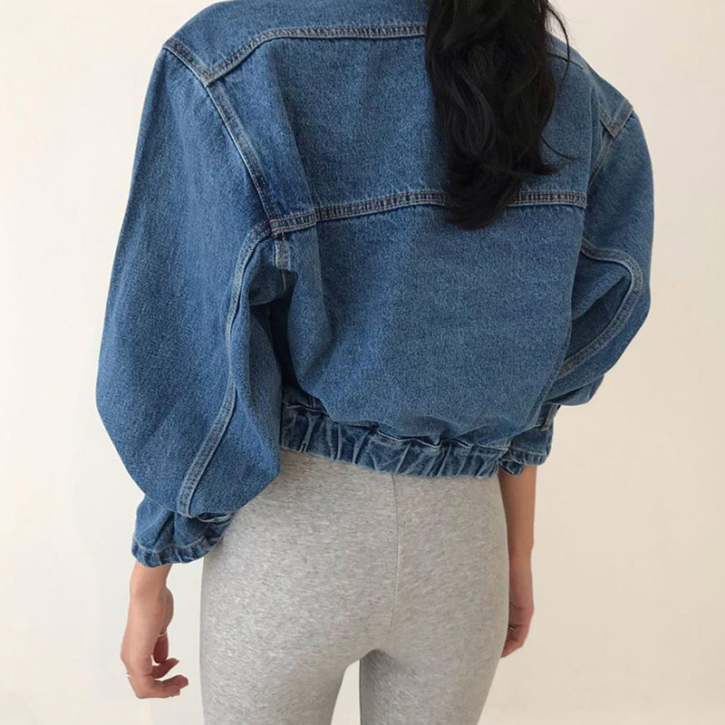 Patchwork Jean Jacket - Multi Pocket Blue Bubble Sleeves Short