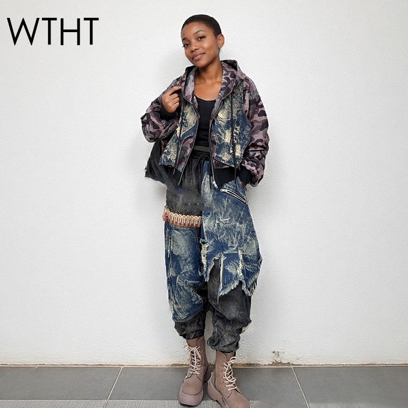 WTHT Trendy Women's Camouflage - Patchwork Jean Jacket ulasan dan harga