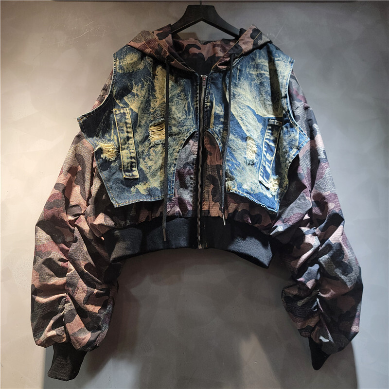 WTHT Trendy Women's Camouflage - Patchwork Jean Jacket ulasan dan harga