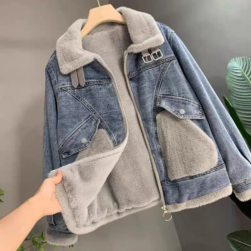 Faux Mink Velvet Stitching Den - Patchwork Jean Jacket ulasan dan harga