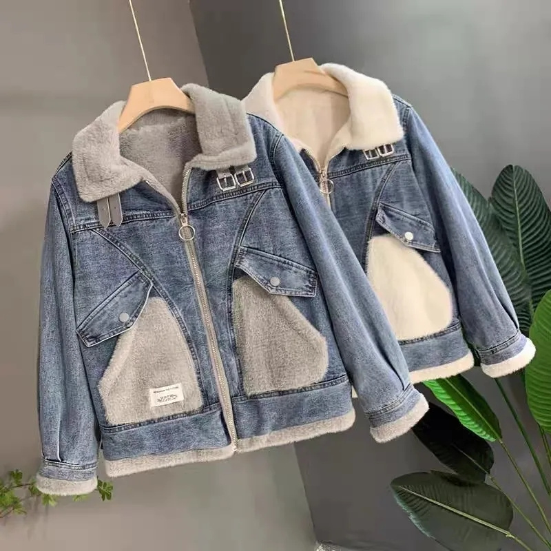 Faux Mink Velvet Stitching Den - Patchwork Jean Jacket ulasan dan harga