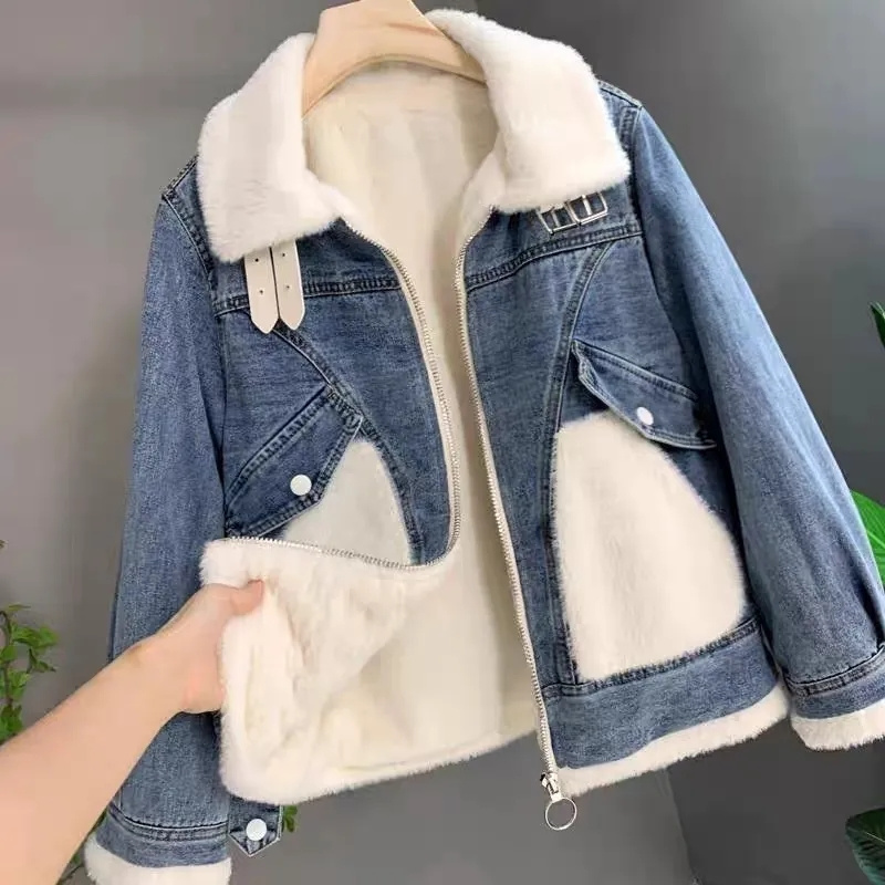 Faux Mink Velvet Stitching Den - Patchwork Jean Jacket ulasan dan harga