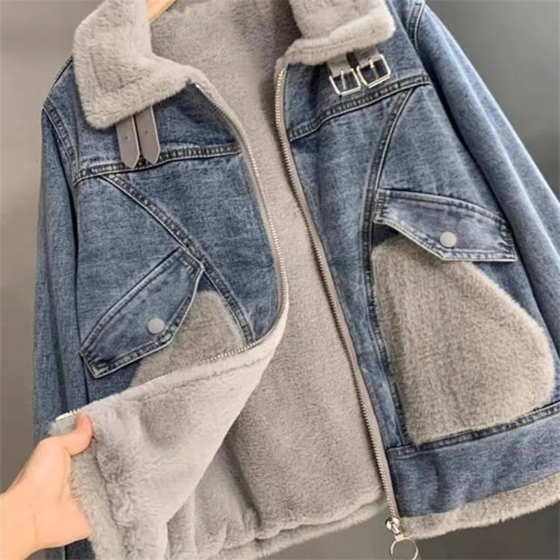 Faux Mink Velvet Stitching Den - Patchwork Jean Jacket ulasan dan harga