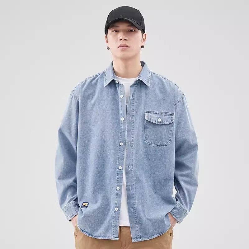 Autumn Button Men's Denim Jack - Patchwork Jean Jacket ulasan dan harga