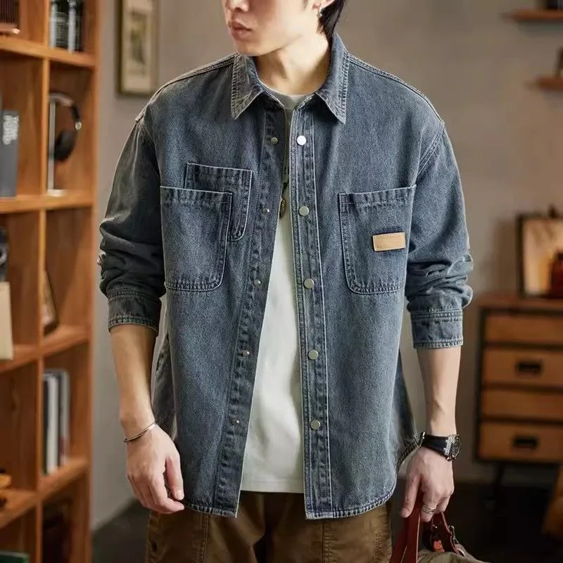 Autumn Button Men's Denim Jack - Patchwork Jean Jacket ulasan dan harga