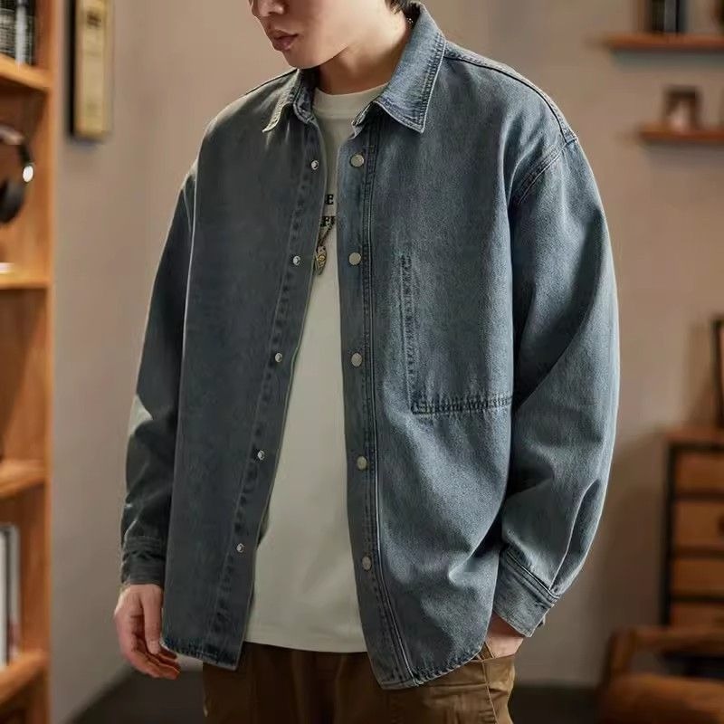 Autumn Button Men's Denim Jack - Patchwork Jean Jacket ulasan dan harga
