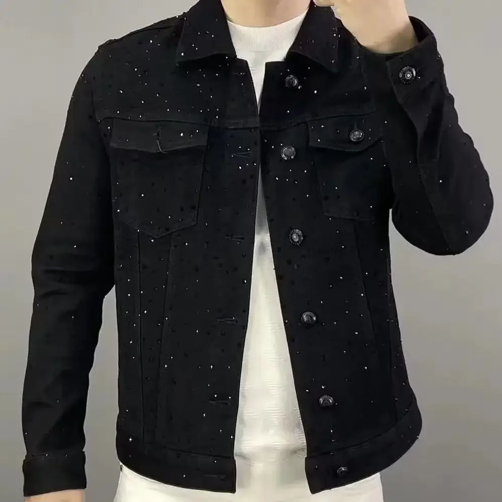 Jeans Coat for Men Button Casu - Patchwork Jean Jacket ulasan dan harga