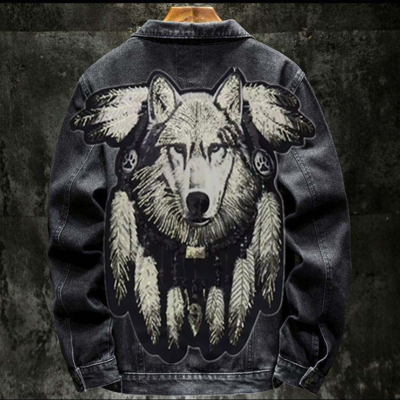 America Vintage Heavy Wolf Emb - Patchwork Jean Jacket ulasan dan harga