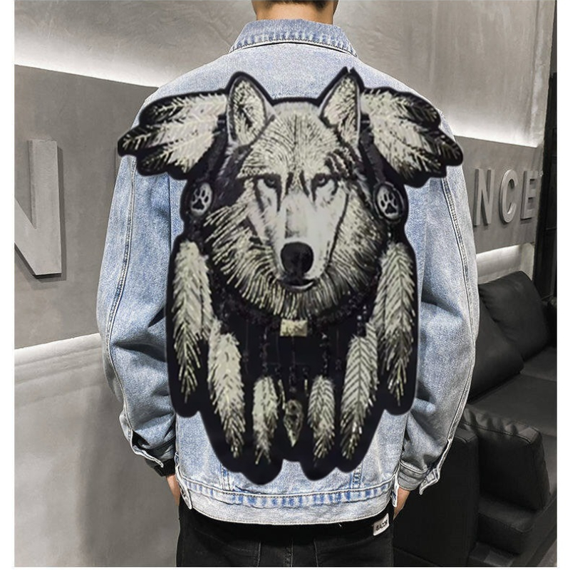 America Vintage Heavy Wolf Emb - Patchwork Jean Jacket ulasan dan harga