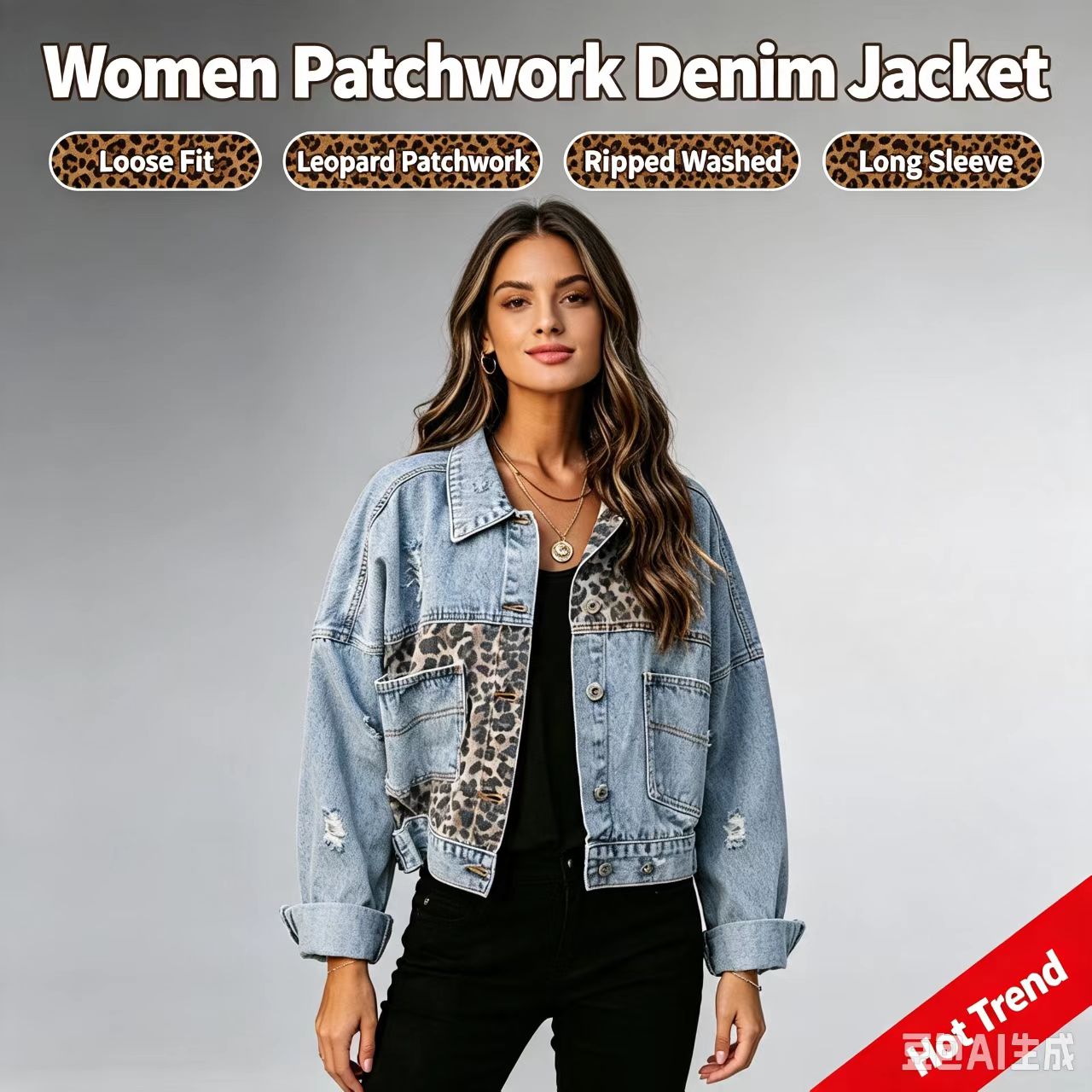 2026 Streetwear Women Leopard  - Patchwork Jean Jacket ulasan dan harga