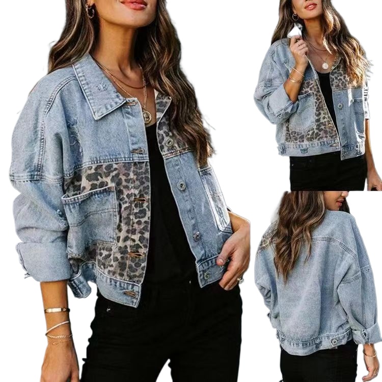 2026 Streetwear Women Leopard  - Patchwork Jean Jacket ulasan dan harga